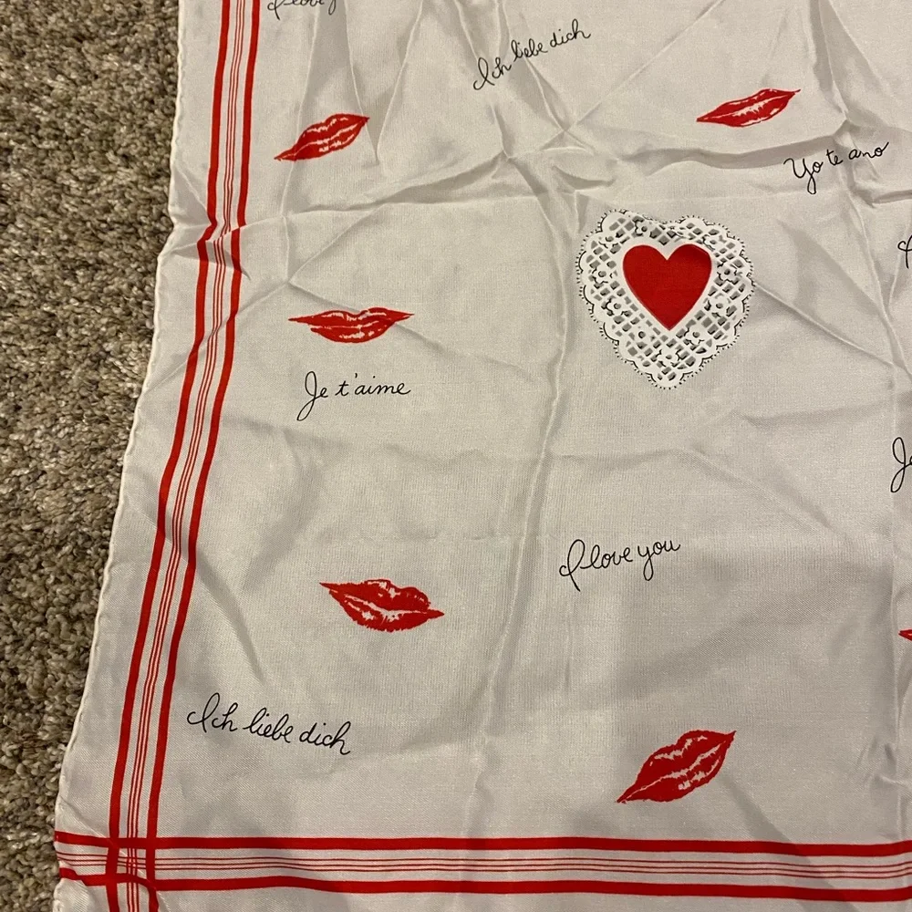 Heart & Lip Print Square Scarf - Red on Ivory - Picture 2 of 9